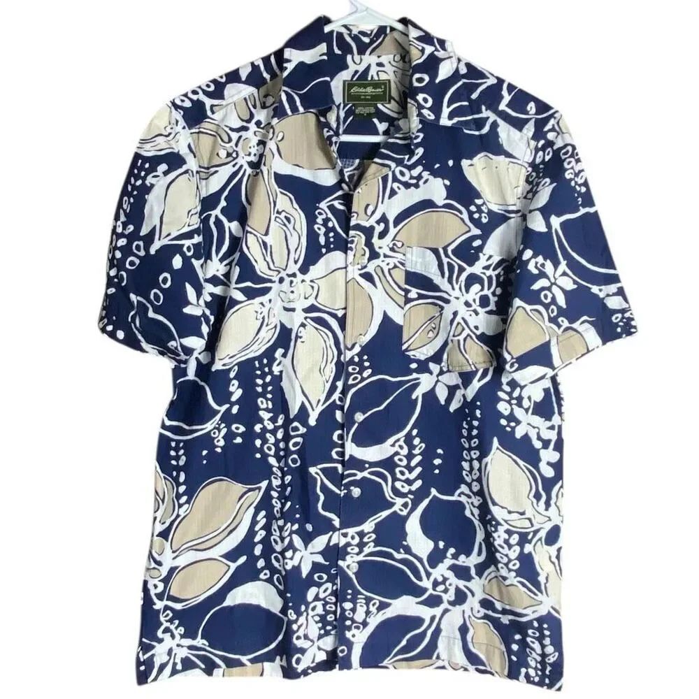 Eddie Bauer Camp Shirt Button Up Floral Cotton Navy Mens S Coastal Preppy